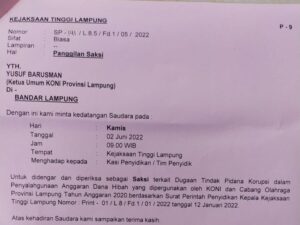 Ketua Koni Lampung  Yusuf Barusman Diperiksa Kejati 2 Juni