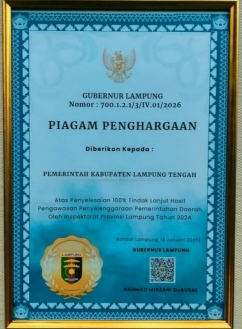 Pemkab Lamteng Terima Piagam Penghargaan Inspektorat Provinsi Lampung
